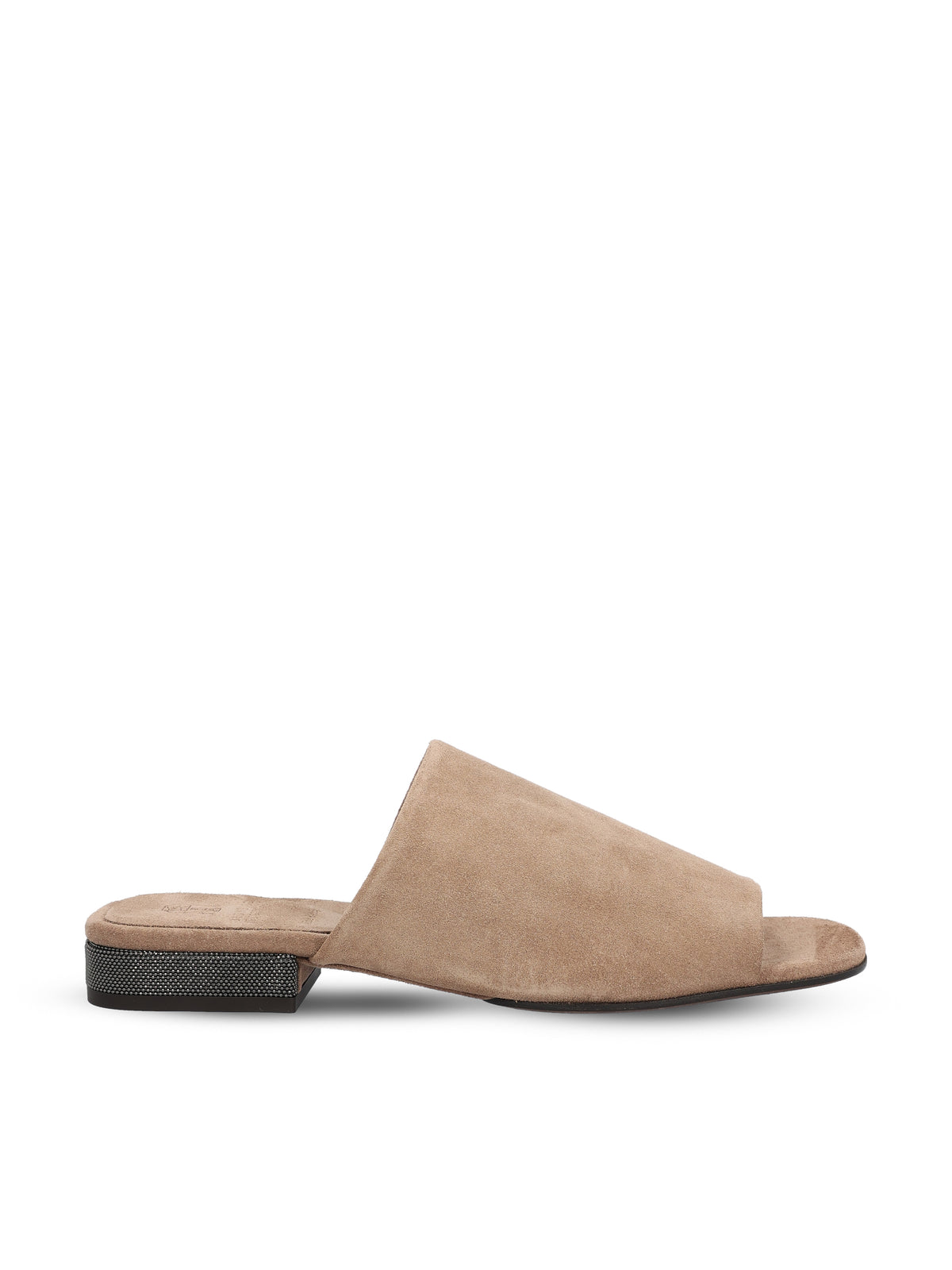 Brunello Cucinelli suede mules in beige — front view | La Parisienne Qatar