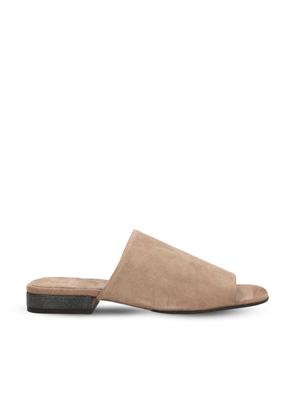 Brunello Cucinelli suede mules in beige — front view | La Parisienne Qatar