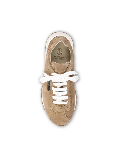 Brunello Cucinelli suede runner sneakers in beige — side profile | La Parisienne Qatar