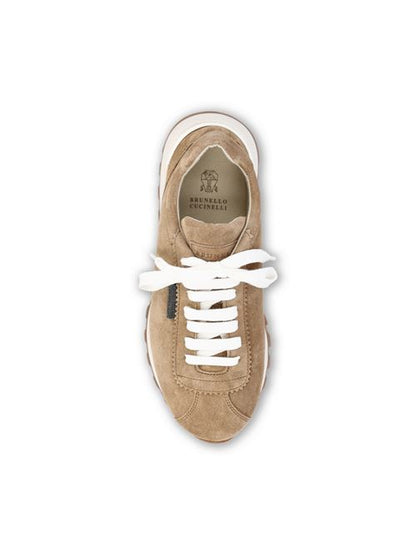 Brunello Cucinelli suede runner sneakers in beige — side profile | La Parisienne Qatar