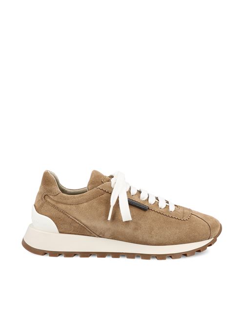 Brunello Cucinelli suede runner sneakers in beige — front view | La Parisienne Qatar