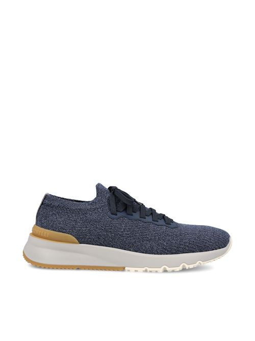 Brunello Cucinelli wool knit runners in blue — front view | La Parisienne Qatar