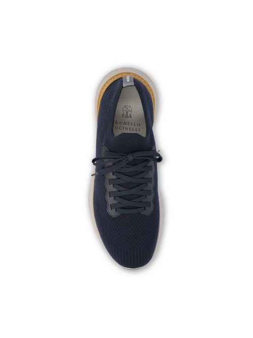 Brunello Cucinelli wool knit runners in blue with calfskin trim — side profile | La Parisienne Qatar