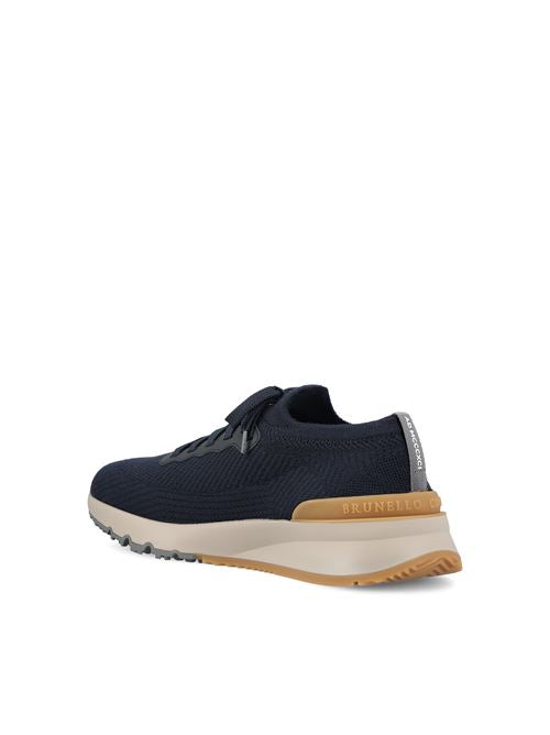 Brunello Cucinelli wool knit runners in blue with calfskin trim — detail view | La Parisienne Qatar