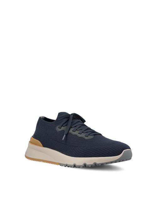 Brunello Cucinelli wool knit runners in blue with calfskin trim — rear view | La Parisienne Qatar