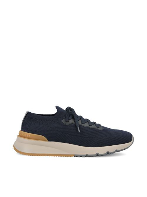 Brunello Cucinelli wool knit runners in blue with calfskin trim — front view | La Parisienne Qatar