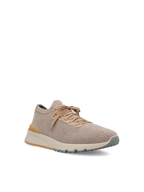 Brunello Cucinelli wool knit runners in grey with calfskin trim — rear view | La Parisienne Qatar