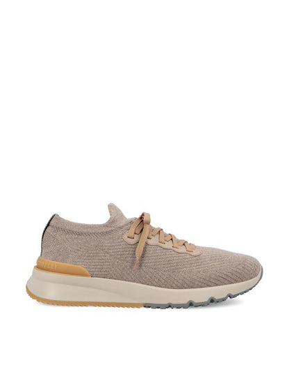 Brunello Cucinelli wool knit runners in grey with calfskin trim — front view | La Parisienne Qatar