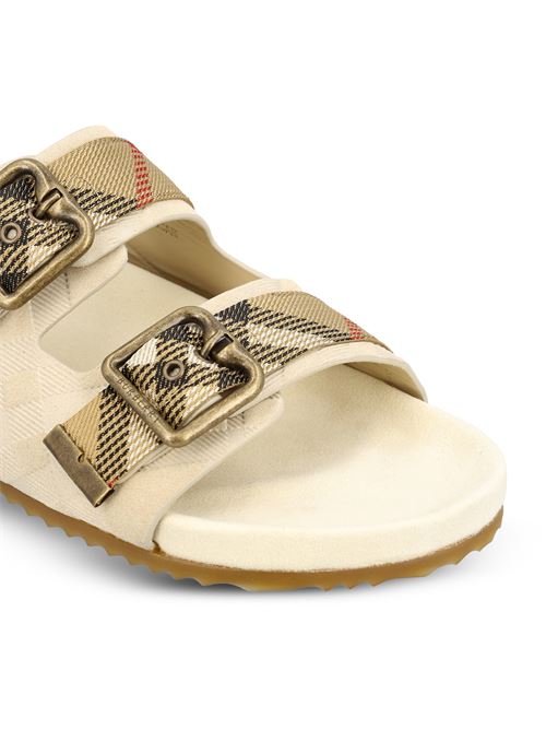 Burberry check motif sandals in white suede — side profile | La Parisienne Qatar