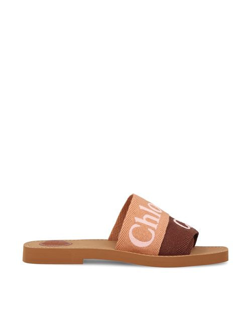 Chloé logo band mules in brown and pink linen — front view | La Parisienne Qatar