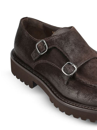 Doucal's double-buckle shoes in brown leather — side profile | La Parisienne Qatar