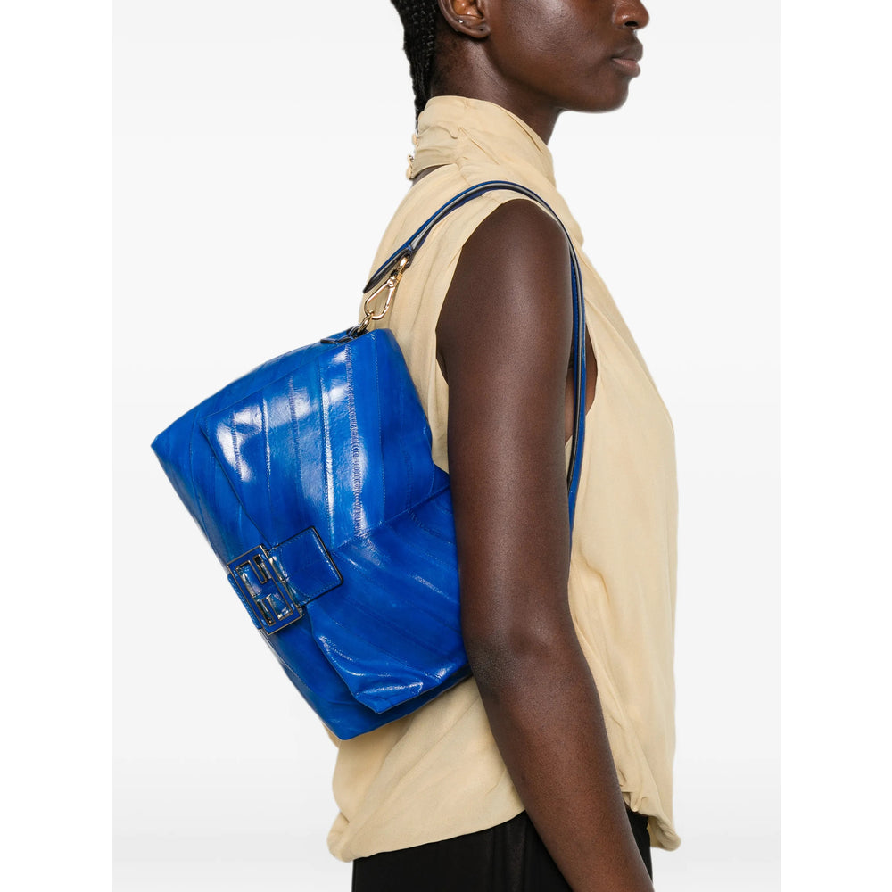 Fendi shoulder bag in blue patchwork calf leather — rear view | La Parisienne Qatar