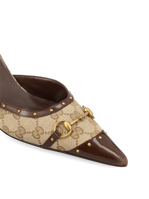 Gucci Boulevard pumps in beige and brown GG fabric — side profile | La Parisienne Qatar