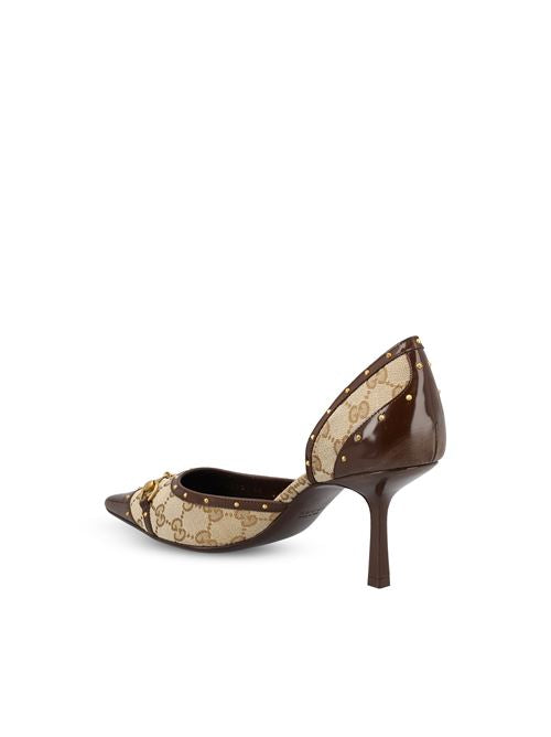 Gucci Boulevard pumps in beige and brown GG fabric — detail view | La Parisienne Qatar