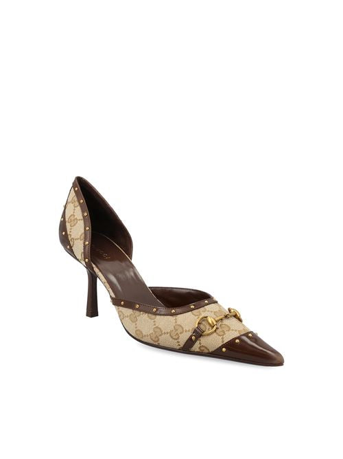 Gucci Boulevard pumps in beige and brown GG fabric — rear view | La Parisienne Qatar