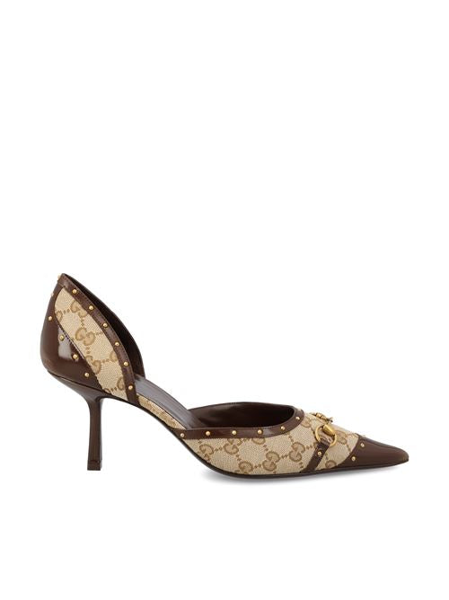 Gucci Boulevard pumps in beige and brown GG fabric — front view | La Parisienne Qatar