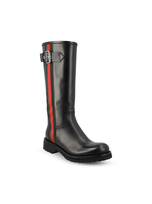 Gucci Web biker boots in black leather — rear view | La Parisienne Qatar