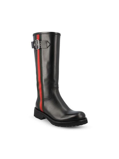 Gucci Web biker boots in black leather — rear view | La Parisienne Qatar
