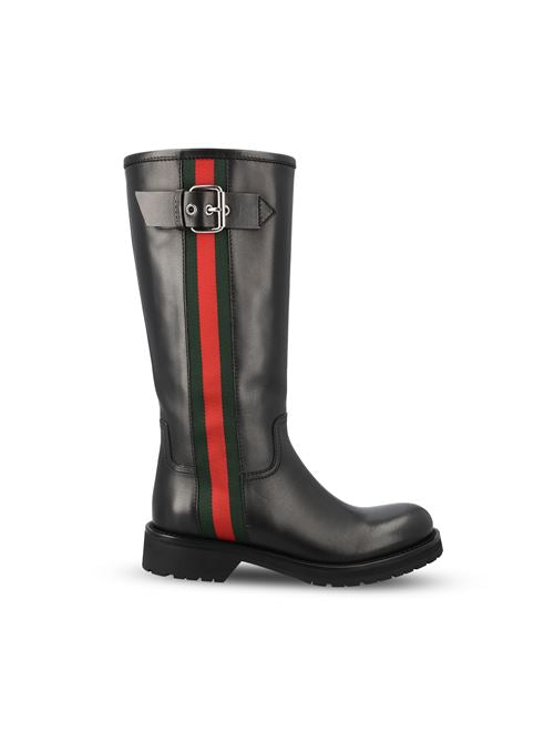 Gucci Web biker boots in black leather — front view | La Parisienne Qatar