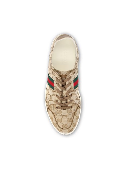 Gucci Stretch low-top sneakers in sand and dark brown GG canvas — side profile | La Parisienne Qatar