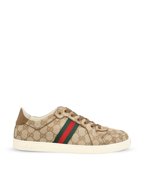 Gucci Stretch low-top sneakers in sand and dark brown GG canvas — front view | La Parisienne Qatar