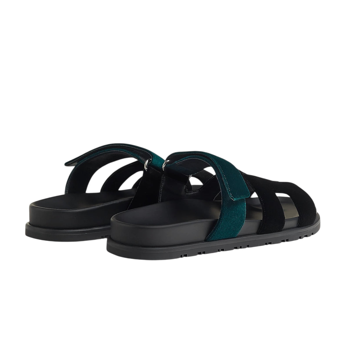 Hermès Chypre black and green mousse velvet sandal — rear view | La Parisienne Qatar