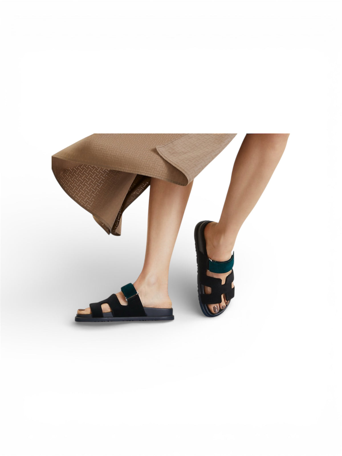 Hermès Chypre black and green mousse velvet sandal — styling view | La Parisienne Qatar