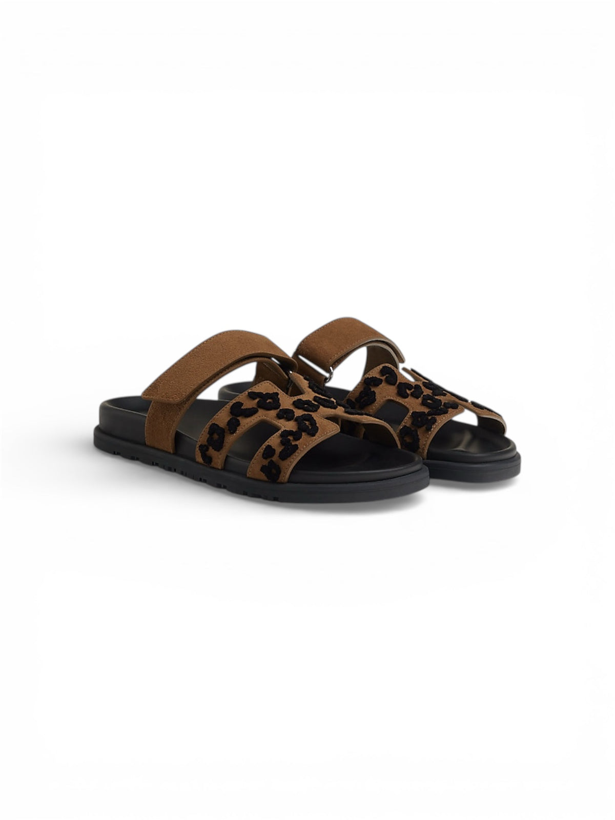 Hermès Chypre smoked brown and black calfskin sandal — alternate angle | La Parisienne Qatar