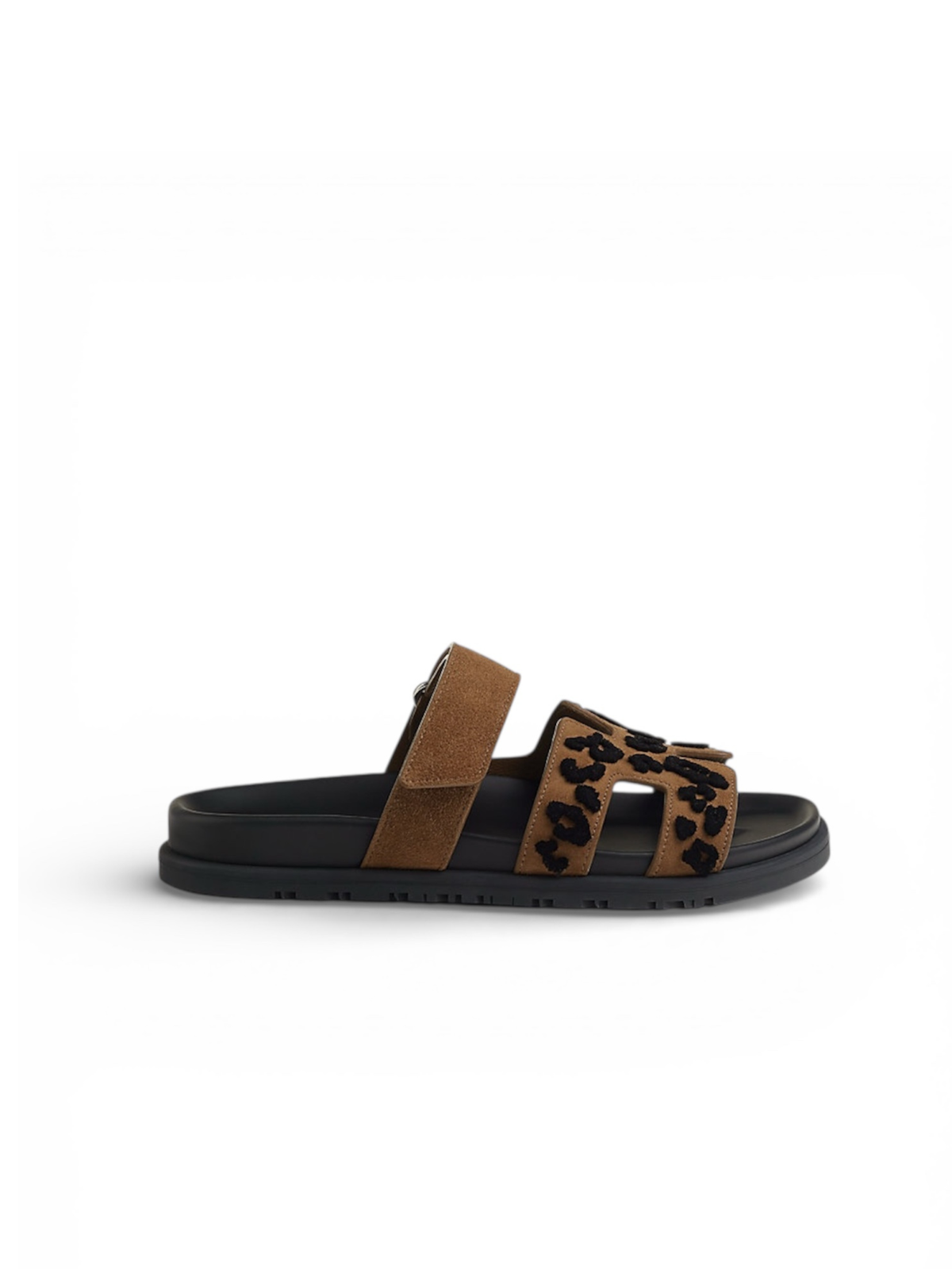 Hermès Chypre smoked brown and black calfskin sandal — front view | La Parisienne Qatar