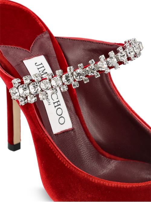 Jimmy Choo Bing 100 clogs in ruby red velvet — side profile | La Parisienne Qatar