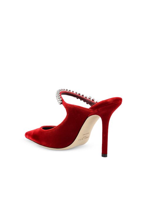Jimmy Choo Bing 100 clogs in ruby red velvet — detail view | La Parisienne Qatar