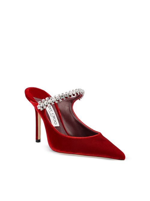 Jimmy Choo Bing 100 clogs in ruby red velvet — rear view | La Parisienne Qatar