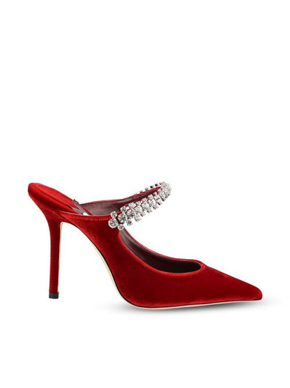 Jimmy Choo Bing 100 clogs in ruby red velvet — front view | La Parisienne Qatar