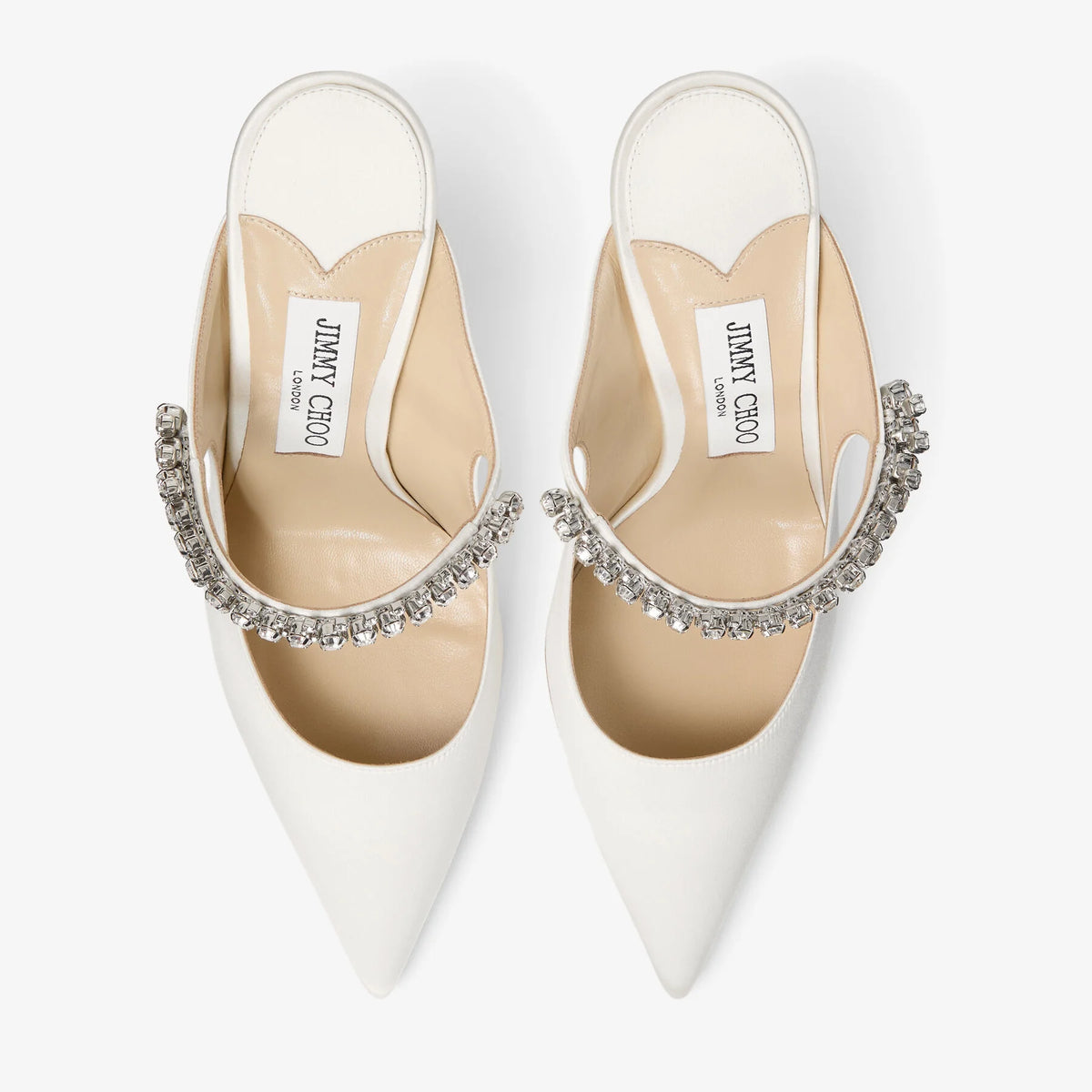 Jimmy Choo Bing 100 mules in ivory satin — side profile | La Parisienne Qatar
