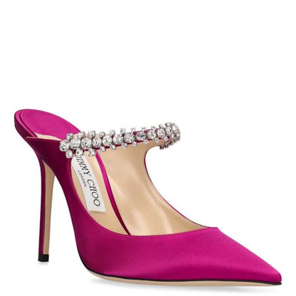 Jimmy Choo Bing 100mm crystal mules in pink — side profile | La Parisienne Qatar