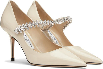 Jimmy Choo crystal pumps in linen patent leather — detail view | La Parisienne Qatar