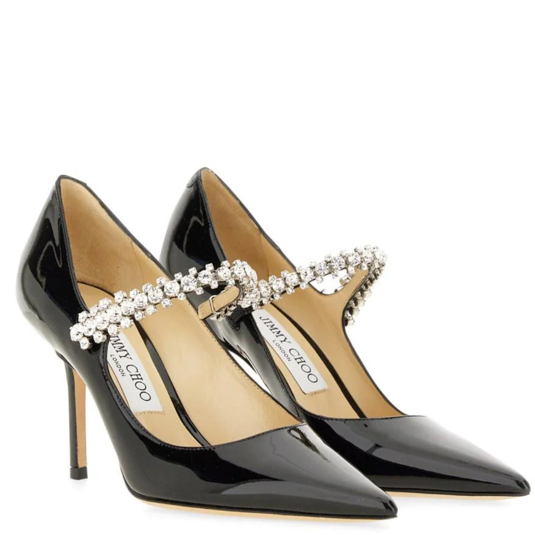 Jimmy Choo crystal strap pumps in black patent — side profile | La Parisienne Qatar