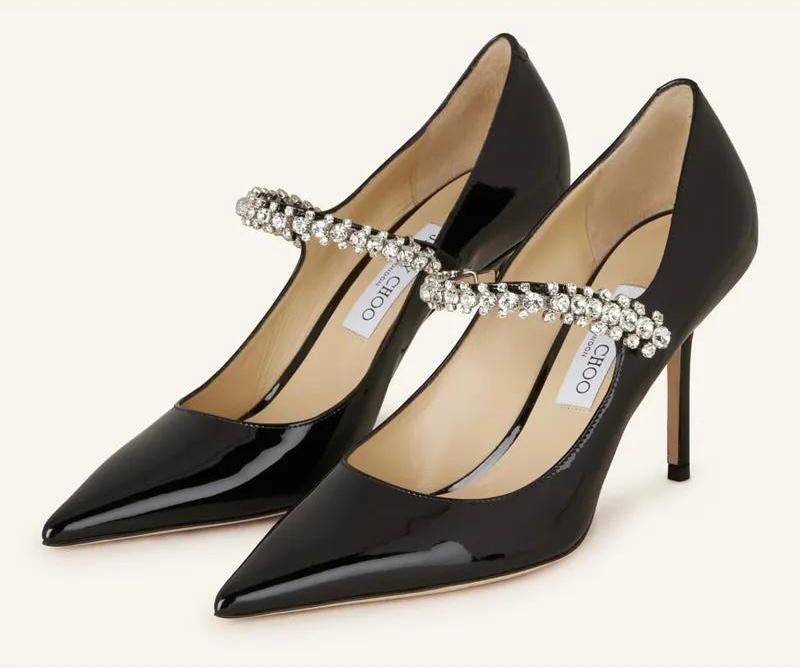 Jimmy Choo crystal strap pumps in black patent — detail view | La Parisienne Qatar
