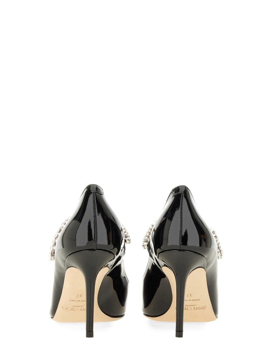 Jimmy Choo crystal strap pumps in black patent — rear view | La Parisienne Qatar