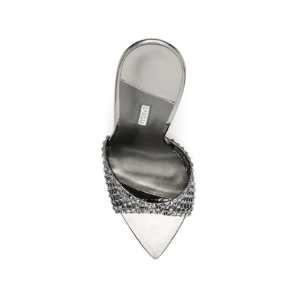 Le Silla stiletto pumps in silver fabric — side profile | La Parisienne Qatar