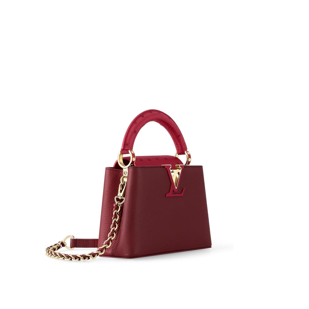 Louis Vuitton Capucines Mini bag in cherry ostrich leather — side profile | La Parisienne Qatar