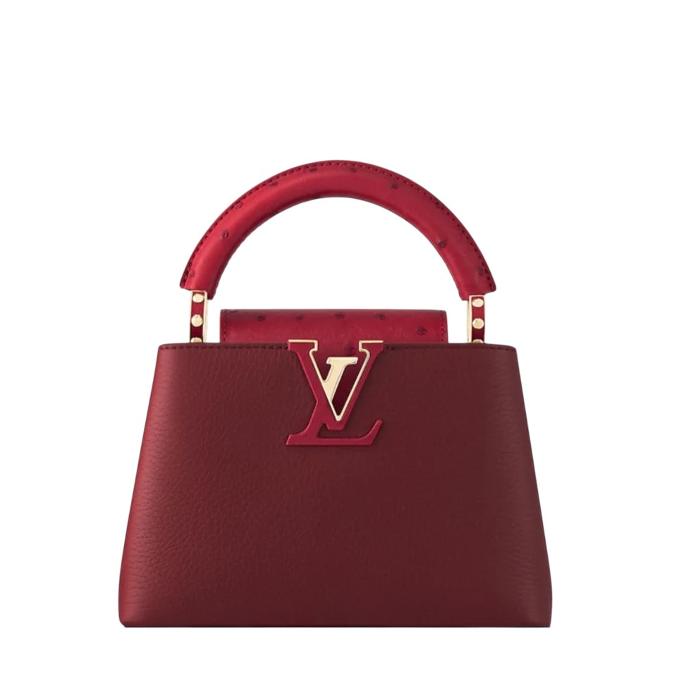 Louis Vuitton Capucines Mini bag in cherry ostrich leather — front view | La Parisienne Qatar