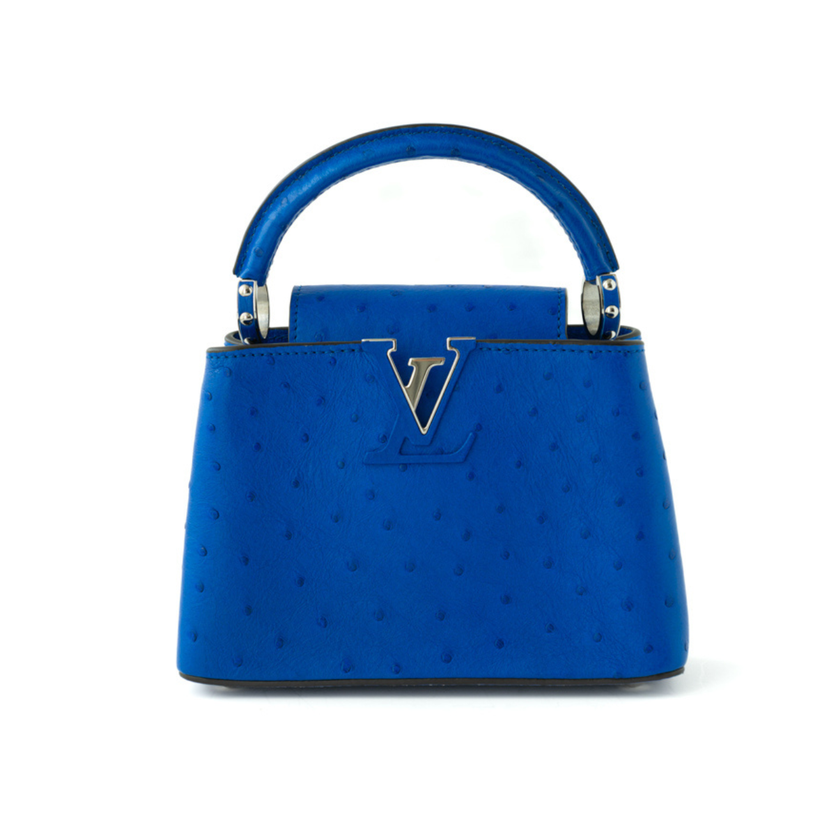 Louis Vuitton Capucines Mini bag in sapphire blue ostrich — side profile | La Parisienne Qatar