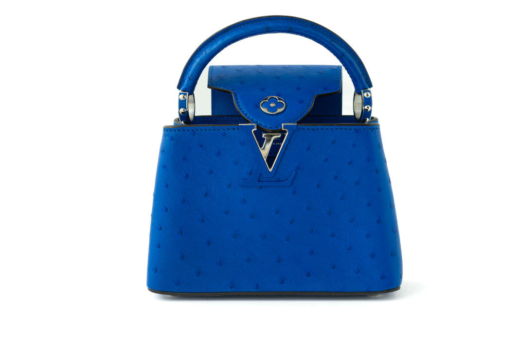 Louis Vuitton Capucines Mini bag in sapphire blue ostrich — detail view | La Parisienne Qatar