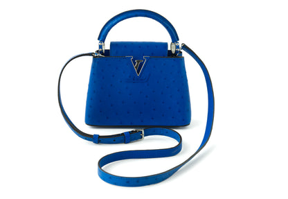 Louis Vuitton Capucines Mini bag in sapphire blue ostrich — rear view | La Parisienne Qatar