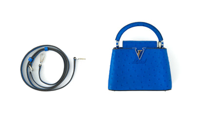 Louis Vuitton Capucines Mini bag in sapphire blue ostrich — interior view | La Parisienne Qatar