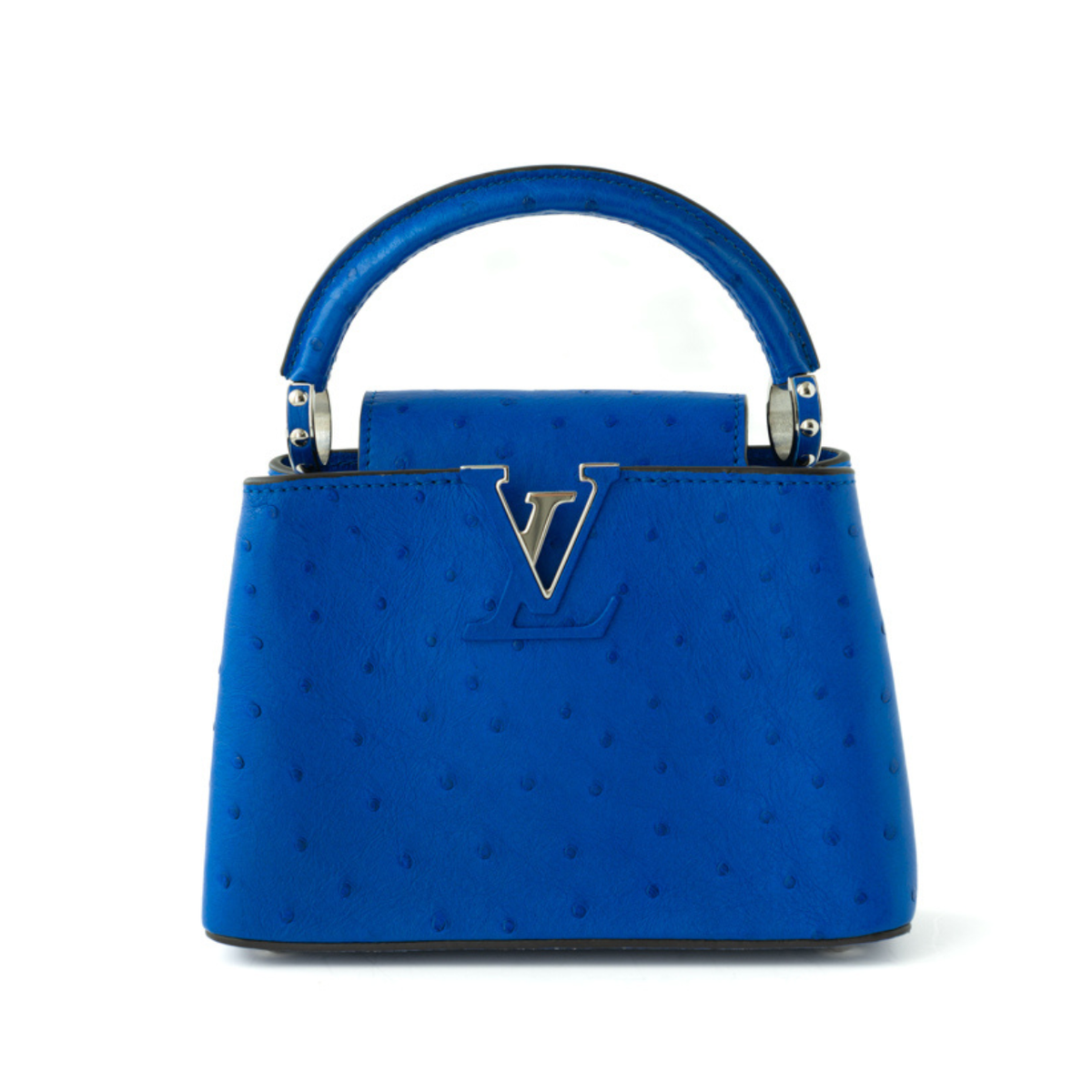 Louis Vuitton Capucines Mini bag in sapphire blue ostrich — front view | La Parisienne Qatar