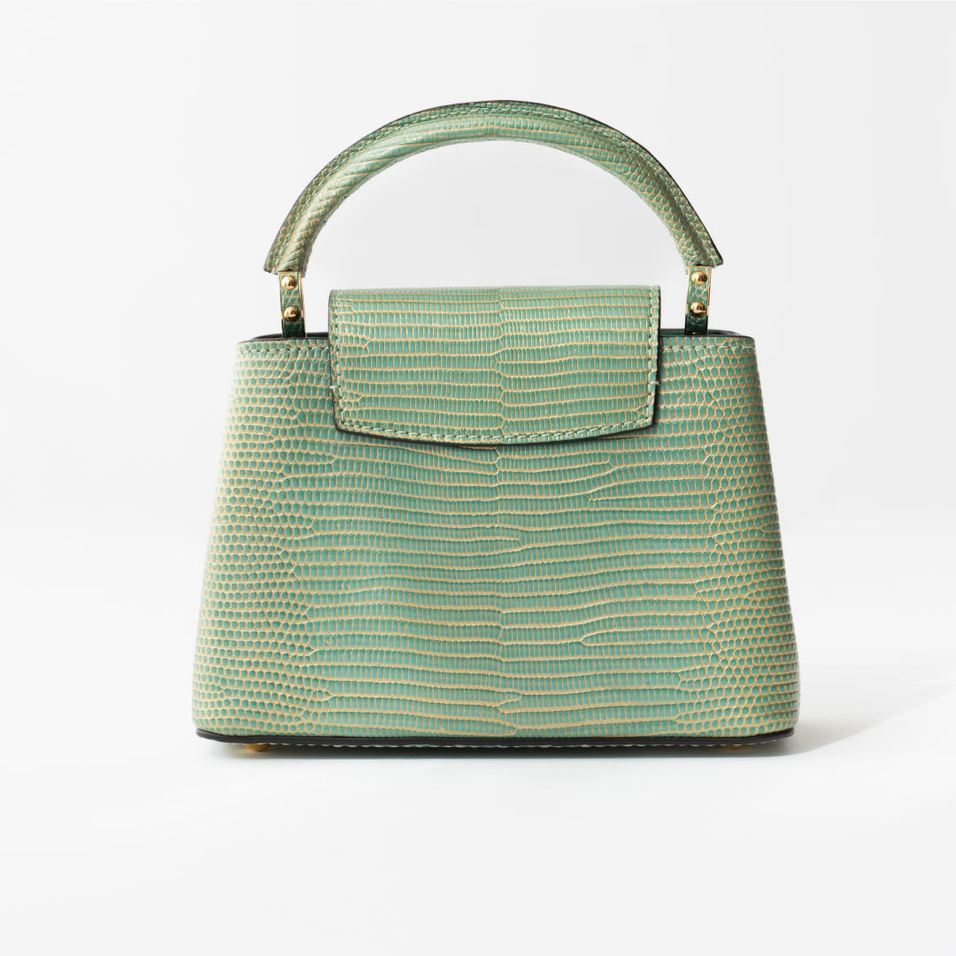 Louis Vuitton Capucines Mini bag in turquoise lizard — rear view | La Parisienne Qatar