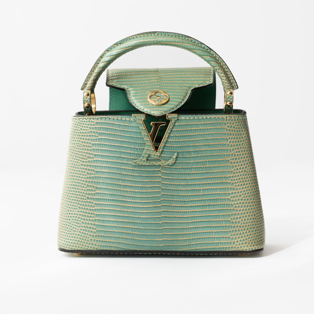 Louis Vuitton Capucines Mini bag in turquoise lizard — alternate angle | La Parisienne Qatar