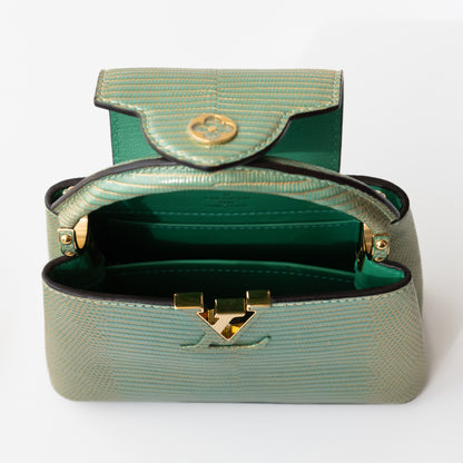 Louis Vuitton Capucines Mini bag in turquoise lizard — interior view | La Parisienne Qatar